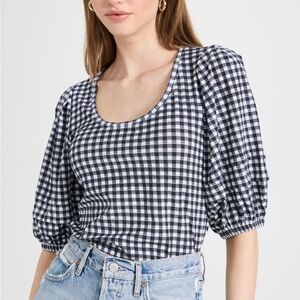 NATION LTD NIGELLA SCOOP NECK TOP Gingham Puff Sleeve Top - Black and White XS